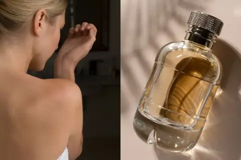 Kobieta wącha nadgarstek, na którym czuć subtelne aldehydy w perfumach. Obok buteleczka z płynem.